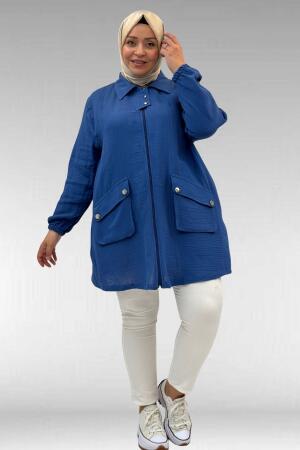 63001 Büyük Beden Cep Ve Patı Çıtçıt Detaylı Müslin Ceket - İndigo - 