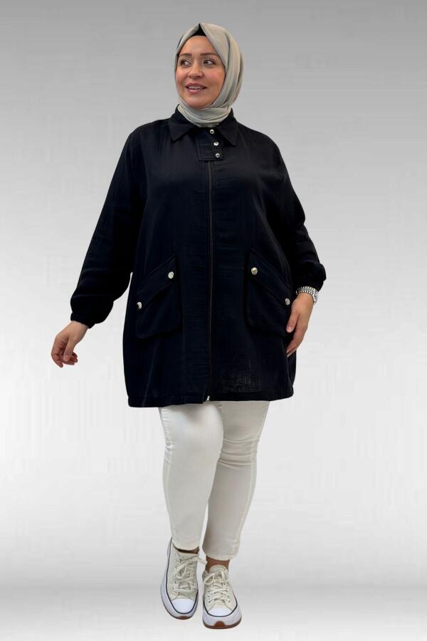 63001 Büyük Beden Cep Ve Patı Çıtçıt Detaylı Müslin Ceket - Siyah - 1