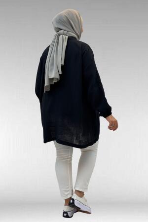 63001 Büyük Beden Cep Ve Patı Çıtçıt Detaylı Müslin Ceket - Siyah - 4