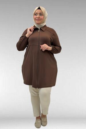 63002 Büyük Beden Fermuarlı - Kapüşonlu Penye Ceket - Kahve - 2