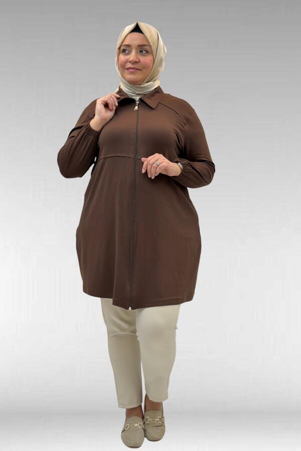 63002 Büyük Beden Fermuarlı - Kapüşonlu Penye Ceket - Kahve - 2