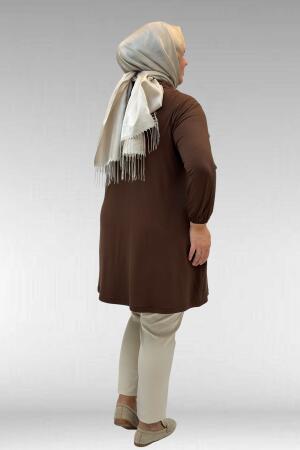 63002 Büyük Beden Fermuarlı - Kapüşonlu Penye Ceket - Kahve - 3