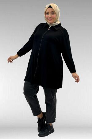 63002 Büyük Beden Fermuarlı - Kapüşonlu Penye Ceket - Siyah - 2