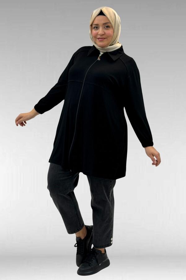 63002 Büyük Beden Fermuarlı - Kapüşonlu Penye Ceket - Siyah - 2
