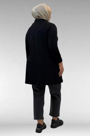 63002 Büyük Beden Fermuarlı - Kapüşonlu Penye Ceket - Siyah - 3