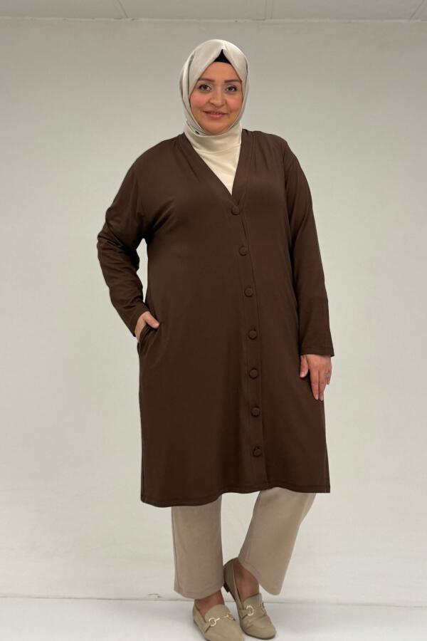63005 Büyük Beden Kaplama Düğme Detaylı Penye Ceket - Kahve - 1