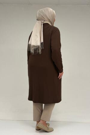 63005 Büyük Beden Kaplama Düğme Detaylı Penye Ceket - Kahve - 2