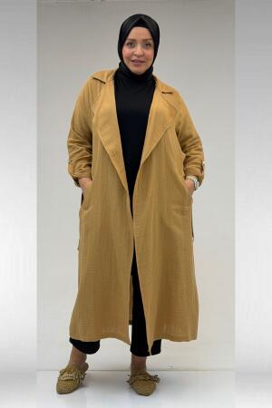 63006 Büyük Beden D Halka Detaylı Müslin Trençkot - Bisküvi - 