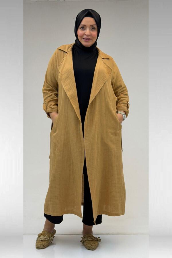 63006 Büyük Beden D Halka Detaylı Müslin Trençkot - Bisküvi - 1