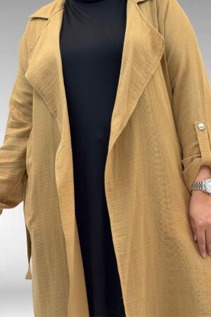 63006 Büyük Beden D Halka Detaylı Müslin Trençkot - Bisküvi - (1)