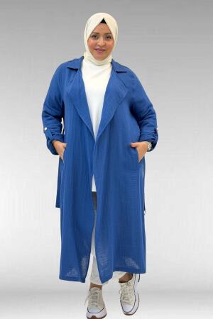 63006 Büyük Beden D Halka Detaylı Müslin Trençkot - İndigo - 