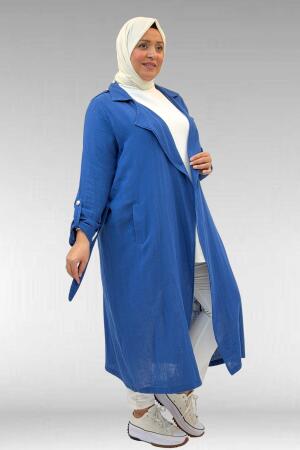 63006 Büyük Beden D Halka Detaylı Müslin Trençkot - İndigo - (1)