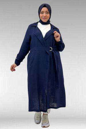 63006 Büyük Beden D Halka Detaylı Müslin Trençkot - Lacivert - 
