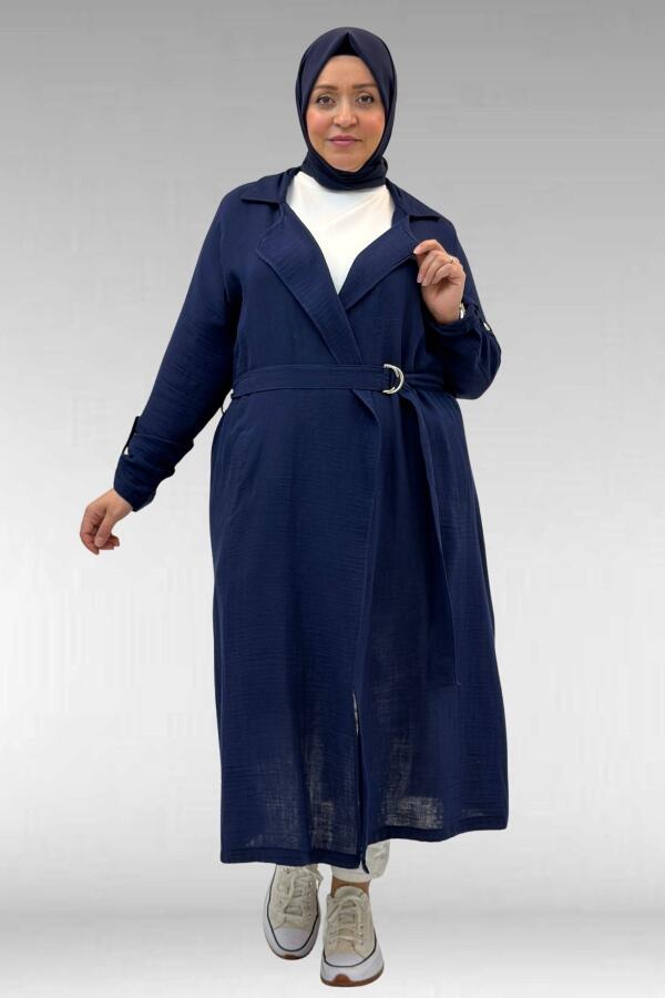 63006 Büyük Beden D Halka Detaylı Müslin Trençkot - Lacivert - 1