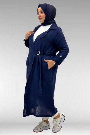 63006 Büyük Beden D Halka Detaylı Müslin Trençkot - Lacivert - (1)