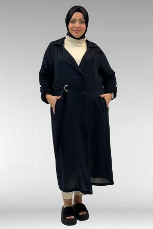 63006 Büyük Beden D Halka Detaylı Müslin Trençkot - Siyah - 