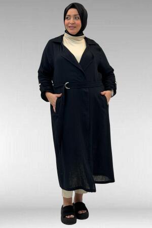 63006 Büyük Beden D Halka Detaylı Müslin Trençkot - Siyah - 3