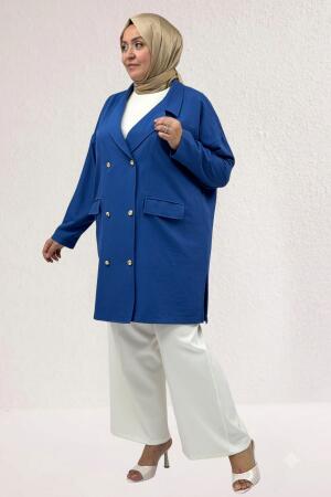 63015 Büyük Beden Mostralı Keten Blazer Ceket - İndigo - 2