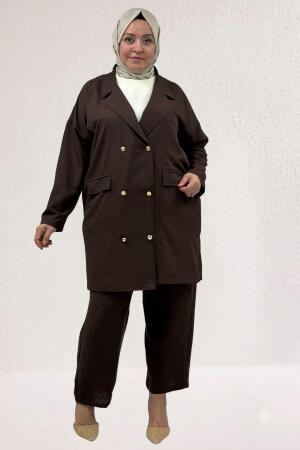 63015 Büyük Beden Mostralı Keten Blazer Ceket - Kahve - 1