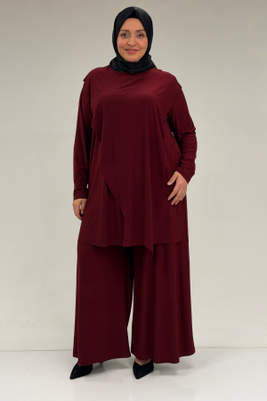 67004 Büyük Beden Önü Ve Arkası Pelerin Detaylı Sandy Pantolonlu Takım - Bordo - 