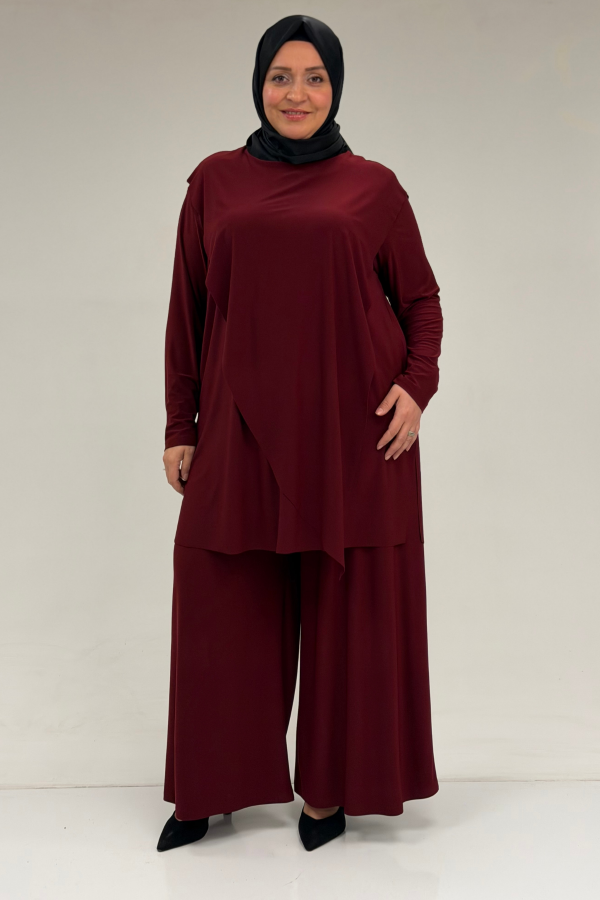67004 Büyük Beden Önü Ve Arkası Pelerin Detaylı Sandy Pantolonlu Takım - Bordo - 1