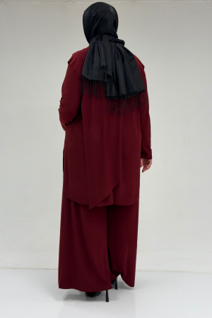 67004 Büyük Beden Önü Ve Arkası Pelerin Detaylı Sandy Pantolonlu Takım - Bordo - 3