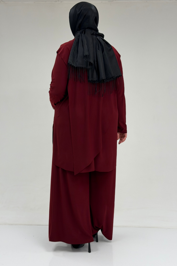 67004 Büyük Beden Önü Ve Arkası Pelerin Detaylı Sandy Pantolonlu Takım - Bordo - 3