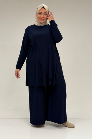 67004 Büyük Beden Önü Ve Arkası Pelerin Detaylı Sandy Pantolonlu Takım - Lacivert - 