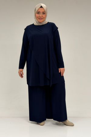 67004 Büyük Beden Önü Ve Arkası Pelerin Detaylı Sandy Pantolonlu Takım - Lacivert - (1)