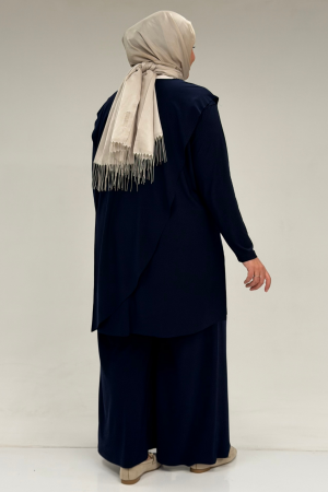 67004 Büyük Beden Önü Ve Arkası Pelerin Detaylı Sandy Pantolonlu Takım - Lacivert - 3