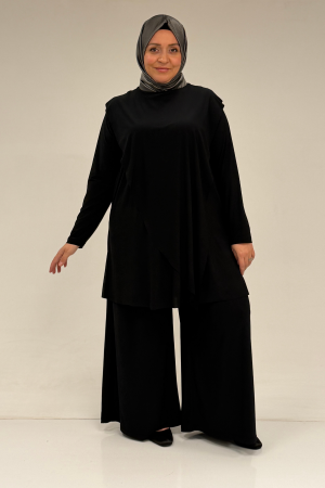 67004 Büyük Beden Önü Ve Arkası Pelerin Detaylı Sandy Pantolonlu Takım - Siyah - 