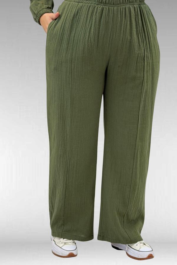 67015 Büyük Beden Cepleri D Toka Detaylı Müslin Pantolonlu Takım - Haki - 3