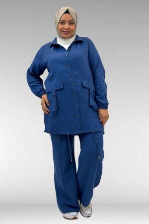 67015 Büyük Beden Cepleri D Toka Detaylı Müslin Pantolonlu Takım - İndigo - 