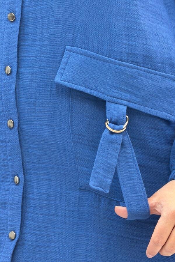 67015 Büyük Beden Cepleri D Toka Detaylı Müslin Pantolonlu Takım - İndigo - 2