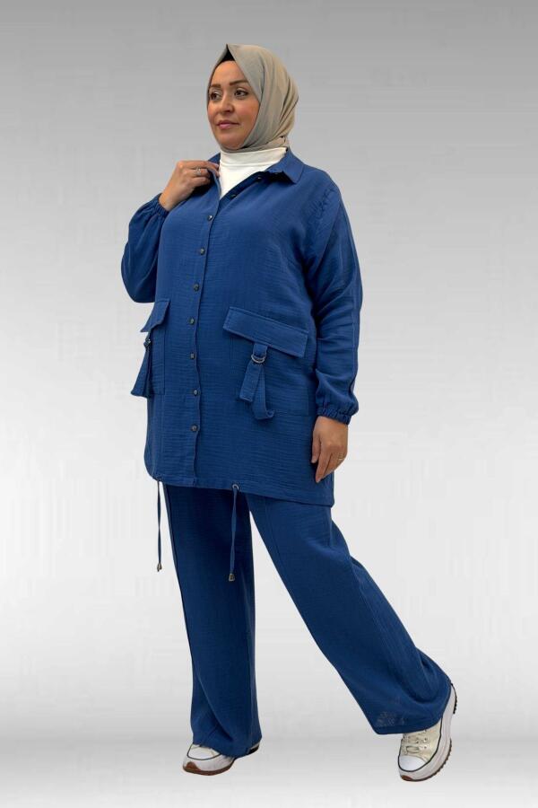 67015 Büyük Beden Cepleri D Toka Detaylı Müslin Pantolonlu Takım - İndigo - 3