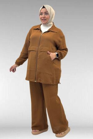 67016 Büyük Beden Kol Ve Etek Ucu Lastik Detaylı Müslin Pantolonlu Takım - Kahve - (1)