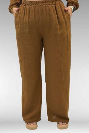 67016 Büyük Beden Kol Ve Etek Ucu Lastik Detaylı Müslin Pantolonlu Takım - Kahve - 3