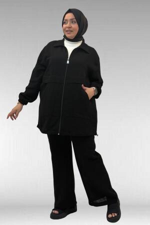 67016 Büyük Beden Kol Ve Etek Ucu Lastik Detaylı Müslin Pantolonlu Takım - Siyah - 