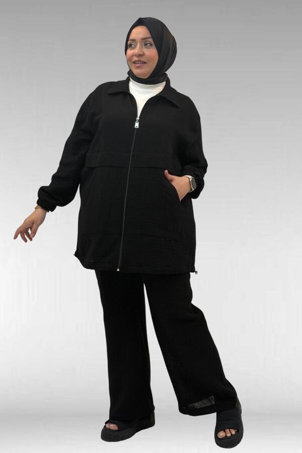 67016 Büyük Beden Kol Ve Etek Ucu Lastik Detaylı Müslin Pantolonlu Takım - Siyah - 1
