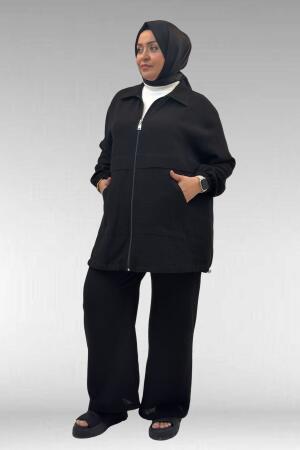 67016 Büyük Beden Kol Ve Etek Ucu Lastik Detaylı Müslin Pantolonlu Takım - Siyah - (1)