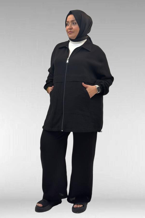 67016 Büyük Beden Kol Ve Etek Ucu Lastik Detaylı Müslin Pantolonlu Takım - Siyah - 2