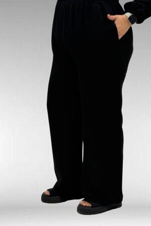 67016 Büyük Beden Kol Ve Etek Ucu Lastik Detaylı Müslin Pantolonlu Takım - Siyah - 3