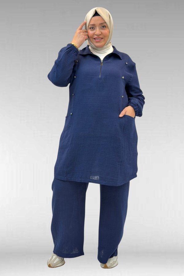 67020 Büyük Beden Yarım Fermuarlı Erkek Yakalı Müslin Pantolonlu Takım - Lacivert - 1