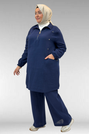 67020 Büyük Beden Yarım Fermuarlı Erkek Yakalı Müslin Pantolonlu Takım - Lacivert - 2