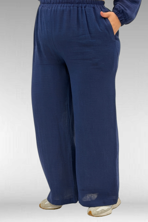 67020 Büyük Beden Yarım Fermuarlı Erkek Yakalı Müslin Pantolonlu Takım - Lacivert - 3