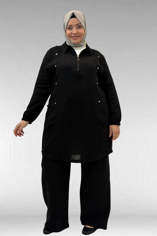 67020 Büyük Beden Yarım Fermuarlı Erkek Yakalı Müslin Pantolonlu Takım - Siyah - 1