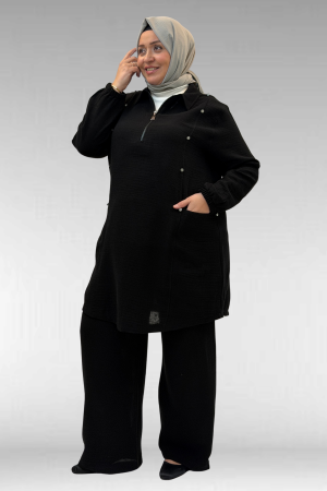 67020 Büyük Beden Yarım Fermuarlı Erkek Yakalı Müslin Pantolonlu Takım - Siyah - (1)