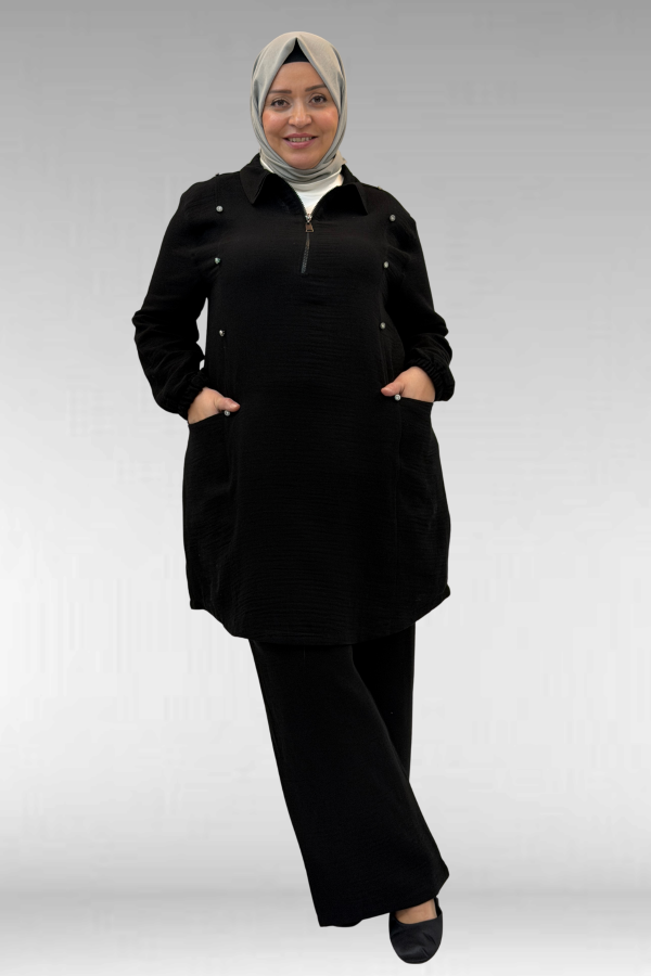 67020 Büyük Beden Yarım Fermuarlı Erkek Yakalı Müslin Pantolonlu Takım - Siyah - 3