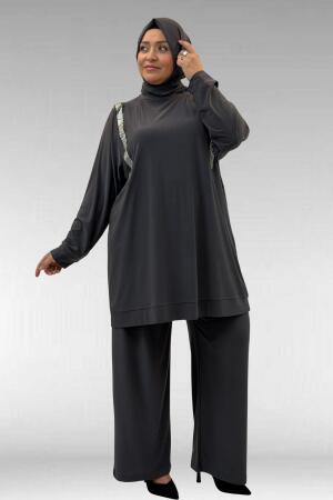 67022 Büyük Beden Omzu Taş Detaylı Sandy Pantolonlu Takım - Antrasit - 3