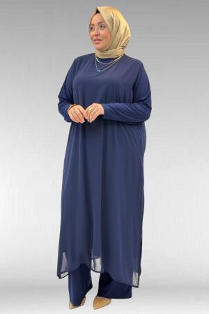 67024 Büyük Beden Sandy-Şifon Elbise - Lacivert - (1)